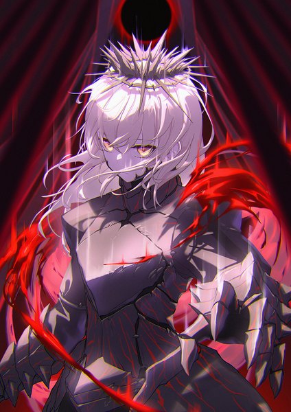 Anime picture 1020x1442 with fate (series) fate/grand order fate/stay night artoria pendragon (all) saber alter whitem (whiteemperor2020) single long hair tall image fringe blonde hair hair between eyes standing yellow eyes looking away alternate hairstyle serious hair down eclipse girl