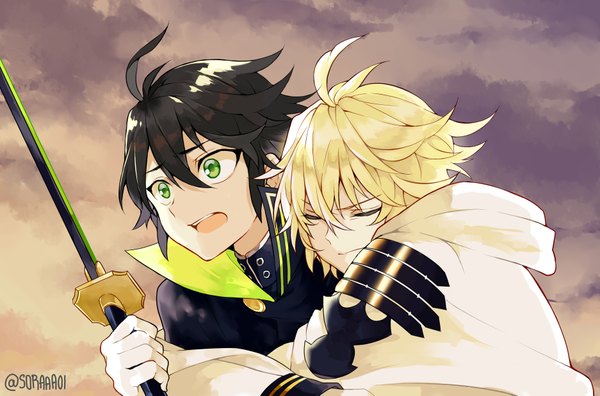 Anime-Bild 3745x2474 mit owari no seraph wit studio hyakuya yuuichirou hyakuya mikaela sorachin highres short hair open mouth black hair blonde hair standing green eyes signed looking away absurdres sky cloud (clouds) ahoge eyes closed multiple boys