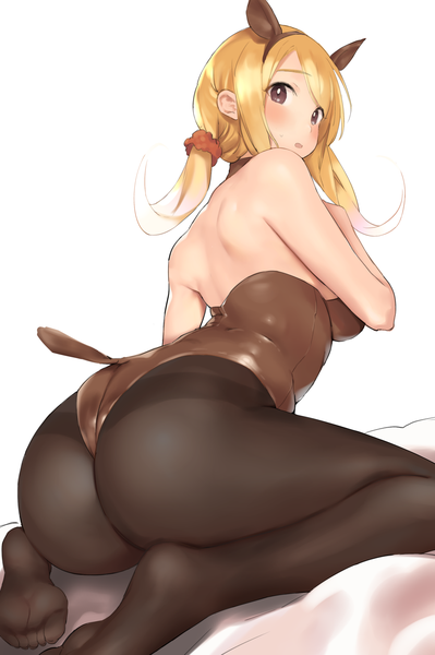 Anime picture 1093x1644 with original nekoshoko single long hair tall image looking at viewer blush fringe breasts open mouth light erotic simple background blonde hair white background sitting twintails bare shoulders brown eyes animal ears payot