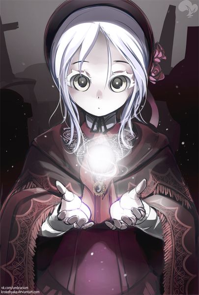 Anime picture 675x1000 with bloodborne from software plain doll krokobyaka single long hair tall image looking at viewer yellow eyes white hair magic light lolita fashion girl dress flower (flowers) rose (roses) cape doll (dolls) cemetery