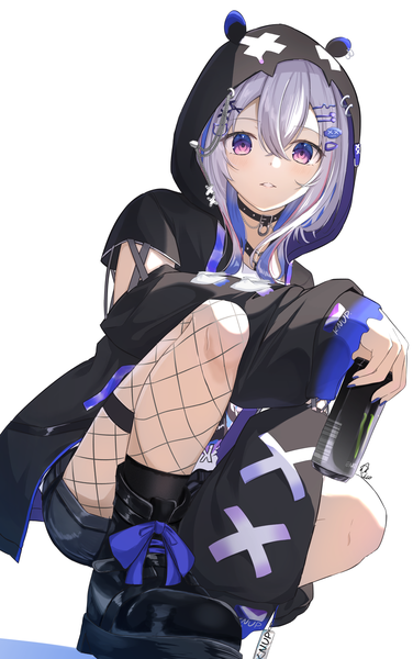 Anime picture 1384x2206 with virtual youtuber hololive monster energy amane kanata amane kanata (6th costume) piccolo (gvgk8874) single long hair tall image looking at viewer fringe simple background hair between eyes white background purple eyes silver hair official alternate costume squat girl pantyhose