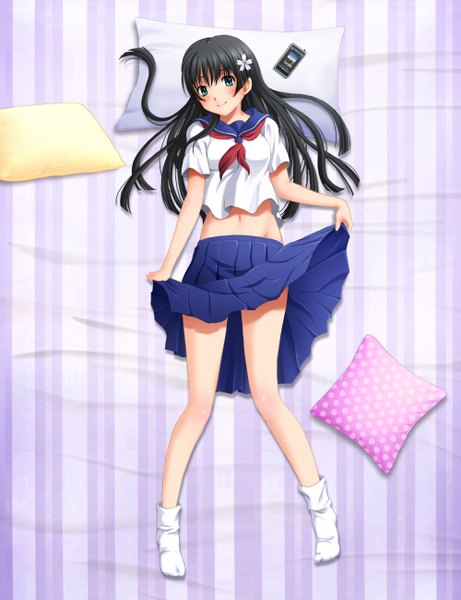 Anime picture 1000x1300 with to aru kagaku no railgun to aru majutsu no index j.c. staff saten ruiko shian (my lonly life.) single long hair tall image blush blue eyes black hair skirt lift girl skirt navel socks serafuku pillow white socks phone