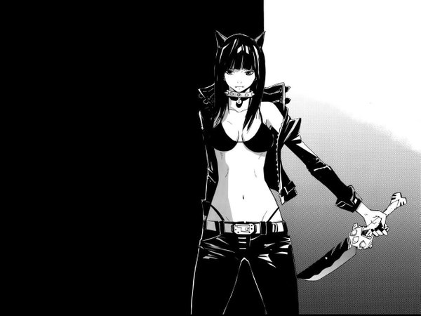 Anime picture 1265x949 with carnivorous princess yegrinna yegrinna single long hair light erotic black hair simple background standing black eyes open clothes open jacket midriff black background dog ears girl navel weapon jacket belt pants