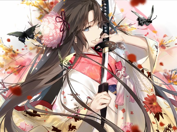 Anime picture 1100x818 with kara no kyoukai type-moon ryougi shiki fukuda935 single long hair looking at viewer fringe blue eyes hair between eyes brown hair holding payot long sleeves traditional clothes japanese clothes profile arm up hair flower wind
