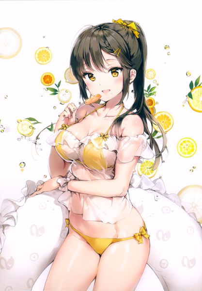 Anime picture 4673x6719 with original anmi single long hair tall image looking at viewer blush fringe highres breasts open mouth light erotic black hair hair between eyes large breasts white background yellow eyes payot absurdres cleavage