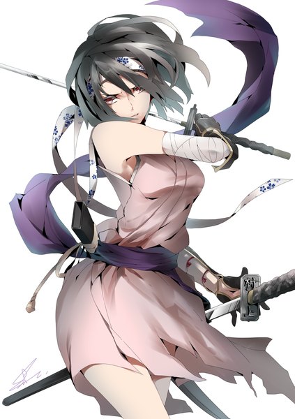 Anime picture 1262x1788 with saihate (d3) single tall image looking at viewer short hair black hair simple background standing white background holding pink eyes bare legs girl dress gloves weapon sword hairband katana blood