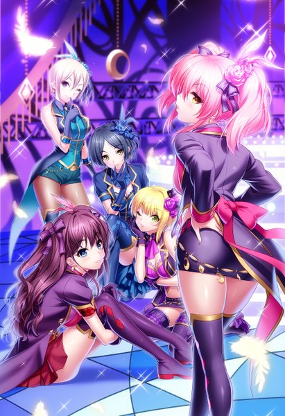 Anime picture 1000x1458 with idolmaster idolmaster cinderella girls idolmaster cinderella girls starlight stage ichinose shiki jougasaki mika hayami kanade miyamoto frederica shiomi shuuko zen (kamuro) long hair tall image looking at viewer blush fringe short hair breasts open mouth blue eyes light erotic black hair