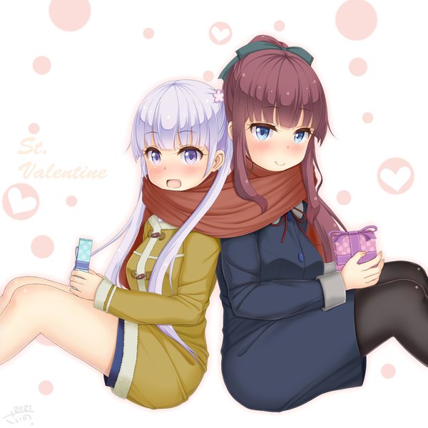 Anime picture 4500x4500 with new game! doga kobo suzukaze aoba takimoto hifumi sainohikari looking at viewer highres blue eyes smile brown hair sitting purple eyes twintails multiple girls absurdres silver hair ponytail valentine back to back shared scarf