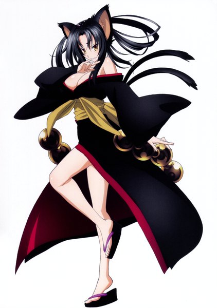 Anime picture 4899x6968 with highschool dxd kuroka (high school dxd) miyama zero single long hair tall image highres breasts light erotic black hair simple background white background animal ears yellow eyes absurdres cleavage full body tail traditional clothes japanese clothes