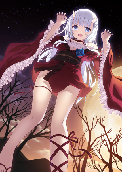 Anime picture 1131x1600 with original cait single long hair tall image looking at viewer open mouth blue eyes standing white hair traditional clothes japanese clothes horn (horns) from below claw pose girl plant (plants) tree (trees) kimono