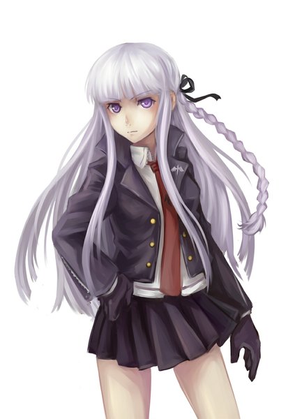 Anime picture 800x1135 with dangan ronpa kirigiri kyouko serge komiko single long hair tall image looking at viewer simple background white background purple eyes white hair braid (braids) hand on hip girl skirt gloves necktie jacket black skirt