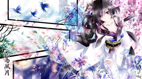 Anime picture 1700x956 with vocaloid vy1 (mizki) tyouya single long hair looking at viewer highres black hair red eyes wide image brown eyes japanese clothes hair flower hieroglyph girl hair ornament animal petals kimono bird (birds)