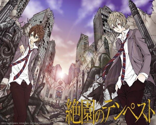 Anime picture 1280x1024 with zetsuen no tempest studio bones fuwa mahiro takigawa yoshino short hair open mouth red eyes brown hair green eyes sky cloud (clouds) white hair sunlight multiple boys cityscape hands in pockets post-apocalyptic boy shirt necktie