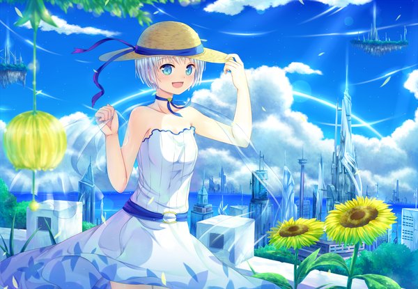 Anime picture 1200x830 with original sakakidani single looking at viewer blush short hair open mouth blue eyes bare shoulders sky cloud (clouds) outdoors white hair arm up sunlight happy adjusting hat floating island girl dress