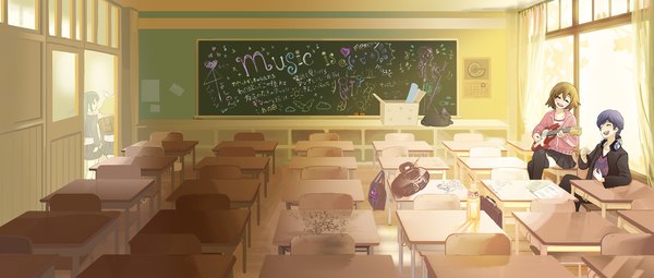 Anime picture 2000x852 with vocaloid hatsune miku kagamine rin kaito (vocaloid) meiko kanipanda highres wide image purple hair couple evening sunset ^ ^ classroom music girl drink guitar