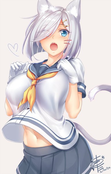 Anime picture 642x1000 with kantai collection hamakaze destroyer okitakung single tall image looking at viewer blush fringe short hair breasts open mouth blue eyes simple background large breasts signed animal ears upper body tail animal tail pleated skirt