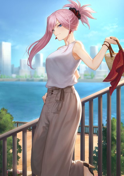 Anime picture 1302x1842 with fate (series) fate/grand order miyamoto musashi (fate) mashuu (neko no oyashiro) single long hair tall image looking at viewer blush fringe breasts blue eyes smile standing holding pink hair outdoors ponytail blurry high heels