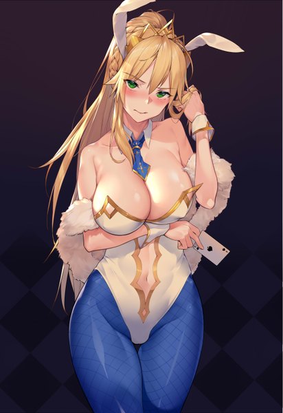 Anime picture 2031x2952 with fate (series) fate/grand order artoria pendragon (all) artoria pendragon (swimsuit ruler) (fate) virtu.al single long hair tall image looking at viewer blush fringe highres breasts light erotic simple background blonde hair smile hair between eyes large breasts standing