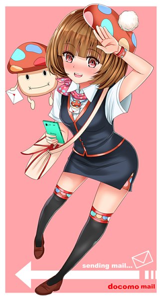 Anime picture 640x1166 with original inu (marukome) single tall image blush fringe short hair simple background smile red eyes brown hair framed salute girl thighhighs black thighhighs bracelet