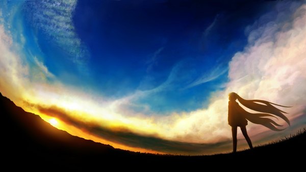 Anime picture 1725x970 with vocaloid hatsune miku umeameaki (artist) single long hair highres wide image twintails sky cloud (clouds) aqua hair evening sunset landscape scenic girl sun