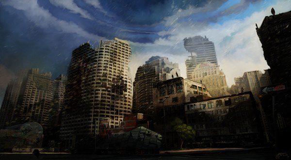 Anime picture 2160x1189 with original mull gfx (artist) highres wide image city ruins post-apocalyptic plant (plants) tree (trees) building (buildings)
