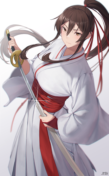 Anime picture 1500x2422 with jigokuraku mappa yamada asaemon sagiri jebi single long hair tall image fringe simple background hair between eyes brown hair brown eyes signed ponytail traditional clothes japanese clothes from above expressionless unsheathing girl