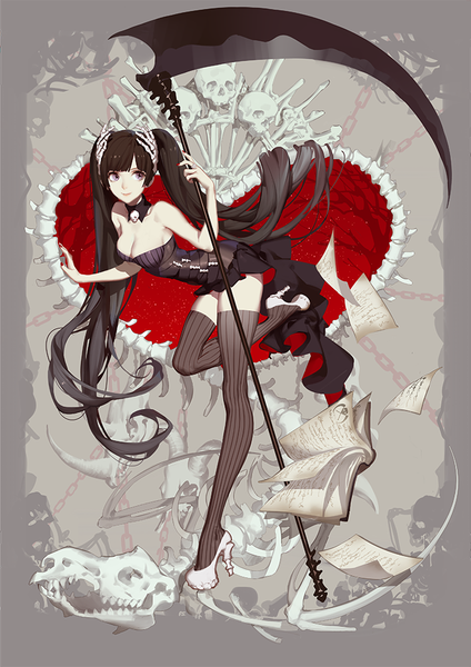 Anime picture 707x1000 with original ask (askzy) single tall image black hair purple eyes twintails bare shoulders holding looking away full body very long hair nail polish high heels zettai ryouiki red nail polish bone (bones) shinigami girl thighhighs
