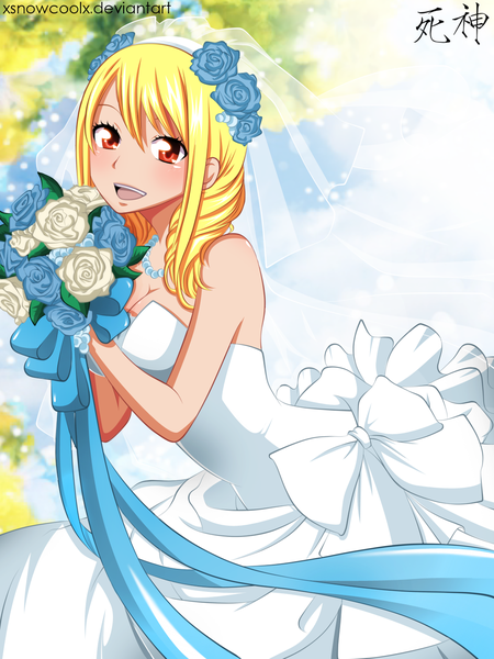 Anime picture 1024x1365 with fairy tail lucy heartfilia xsnowcoolx single long hair tall image blush open mouth blonde hair smile bare shoulders hair flower sunlight orange eyes coloring hieroglyph wedding girl dress hair ornament