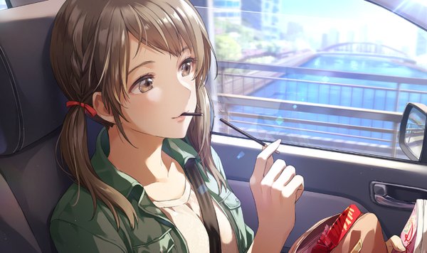 Anime picture 1224x727 with original zattape single long hair blush fringe brown hair wide image twintails holding brown eyes payot looking away upper body fingernails lips mouth hold low twintails car interior girl