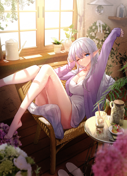 Anime picture 1081x1500 with original hi-na1 single long hair tall image looking at viewer fringe breasts blue eyes hair between eyes large breasts cleavage silver hair bent knee (knees) long sleeves head tilt one eye closed barefoot arm up pointy ears