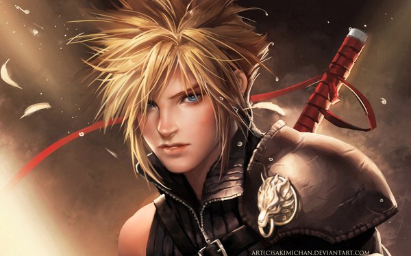 Anime picture 1920x1200 with final fantasy vii advent children final fantasy final fantasy vii square enix cloud strife sakimichan single blush highres short hair open mouth blue eyes blonde hair wide image realistic brown background boy weapon sword armor