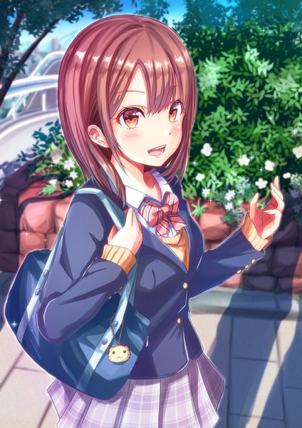 Anime-Bild 1191x1684 mit original tenzeru single tall image looking at viewer blush fringe short hair open mouth smile hair between eyes brown hair standing holding brown eyes outdoors :d pleated skirt teeth sparkle