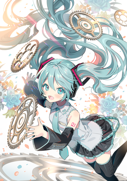 Anime picture 1768x2500 with vocaloid hatsune miku midori foo single tall image blush highres open mouth twintails very long hair :d pleated skirt aqua eyes aqua hair outstretched arm girl thighhighs skirt black thighhighs detached sleeves