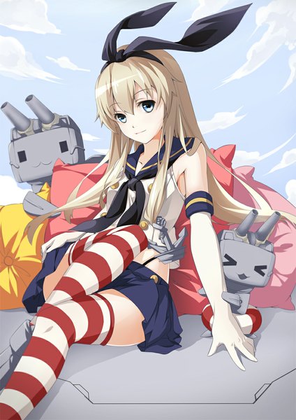 Anime picture 764x1080 with kantai collection shimakaze destroyer rensouhou-chan ello-chan single long hair tall image blue eyes white hair girl thighhighs gloves bow weapon hair bow miniskirt elbow gloves striped thighhighs