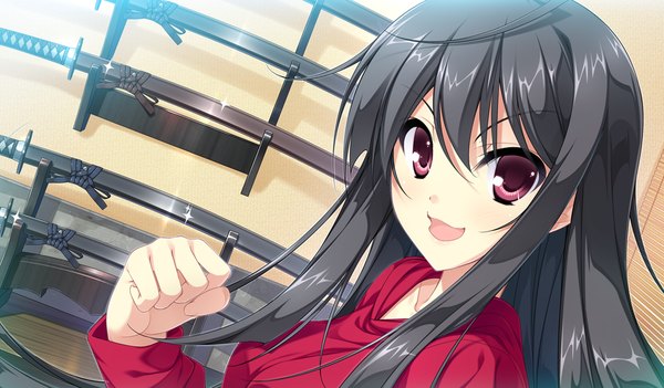 Anime picture 1024x600 with da capo iii long hair open mouth black hair red eyes wide image game cg girl weapon sword katana