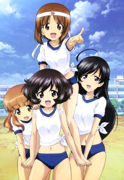 Anime picture 4084x5903 with girls und panzer nyantype nishizumi miho akiyama yukari takebe saori reizei mako long hair tall image blush highres short hair open mouth blue eyes black hair brown hair multiple girls brown eyes absurdres sky cloud (clouds)