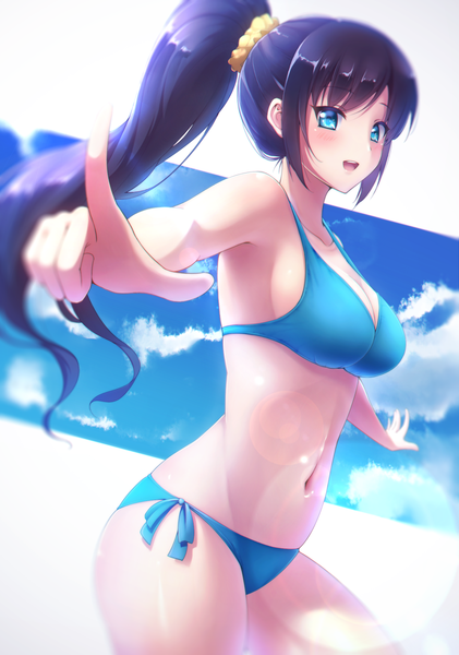 Anime picture 1347x1920 with original fal single long hair tall image blush breasts open mouth blue eyes light erotic black hair ponytail girl navel swimsuit bikini