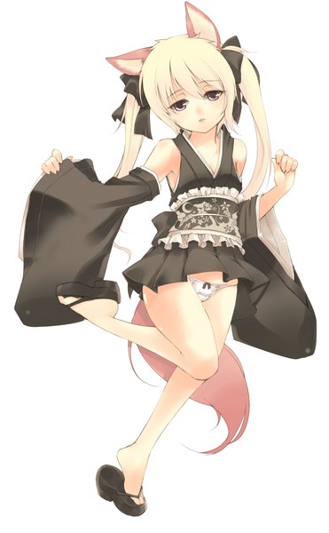 Anime picture 1352x2185 with tera online elin (tera) kuro (kuronell) single long hair tall image light erotic blonde hair simple background white background animal ears tail animal tail black eyes girl dress underwear panties bow hair bow