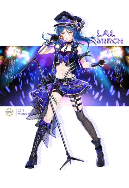 Anime picture 1218x1771 with katekyou hitman reborn lal mirch ekita xuan single long hair tall image looking at viewer fringe open mouth hair between eyes standing holding brown eyes blue hair full body braid (braids) pleated skirt sparkle midriff tattoo