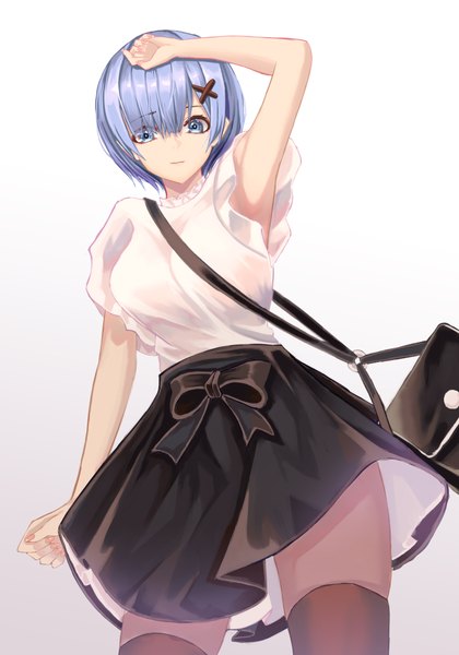 Anime picture 2800x4000 with re:zero kara hajimeru isekai seikatsu white fox rem (re:zero) cup6542 single tall image looking at viewer fringe highres short hair breasts blue eyes simple background standing blue hair arm up hair over one eye from below short sleeves alternate costume