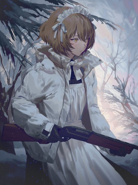 Anime picture 3000x4000 with original fajyobore single tall image fringe highres short hair hair between eyes brown hair standing holding yellow eyes looking away outdoors long sleeves parted lips open jacket winter snow bare tree