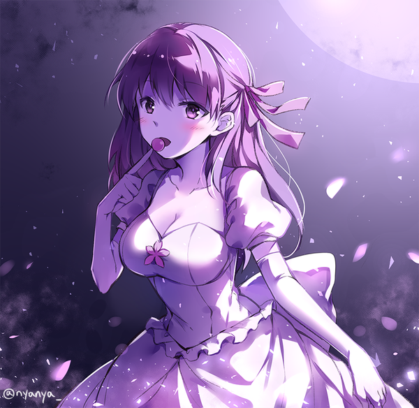 Anime picture 900x876 with fate (series) fate/stay night matou sakura nyanya single long hair blush fringe breasts open mouth smile hair between eyes large breasts standing purple eyes signed payot looking away sky cleavage