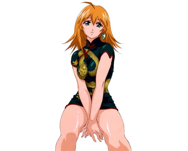 Anime picture 4000x3200 with ikkitousen sonsaku hakufu single looking at viewer highres short hair light erotic simple background white background green eyes absurdres ahoge orange hair chinese clothes girl chinese dress