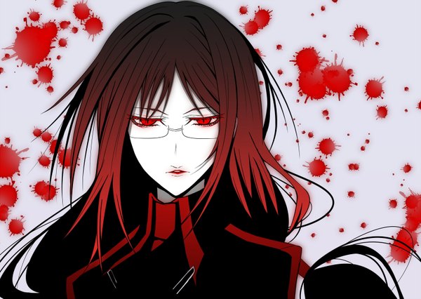 Anime picture 1500x1067 with blood c production i.g kisaragi saya single long hair red eyes red hair wallpaper portrait girl glasses blood