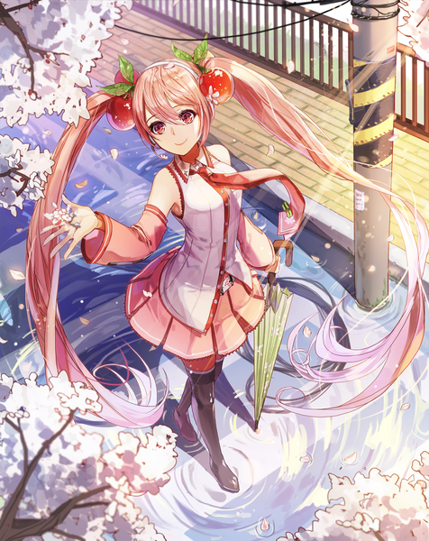 Anime picture 1500x1890 with vocaloid hatsune miku sakura miku kim eb single tall image fringe smile hair between eyes twintails bare shoulders looking away pink hair full body outdoors very long hair pink eyes arm up from above cherry blossoms