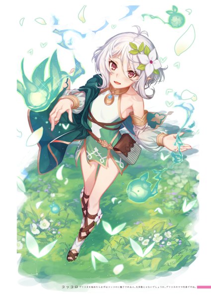 Anime picture 920x1300 with princess connect! re:dive princess connect! kokkoro (princess connect!) m-ya single tall image blush fringe short hair open mouth hair between eyes red eyes white background bare shoulders full body outdoors white hair hair flower from above pointy ears