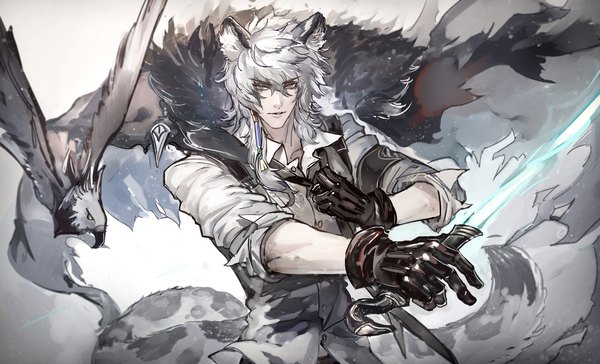 Anime picture 1447x877 with arknights silverash (arknights) tenzin (arknights) ryuuzaki ichi single looking at viewer fringe short hair hair between eyes wide image animal ears silver hair upper body tail animal tail grey eyes twisty sleeves adjusting necktie boy gloves