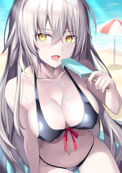 Anime picture 867x1227 with fate (series) fate/grand order jeanne d'arc (fate) (all) jeanne d'arc alter (fate) rin yuu single long hair tall image looking at viewer fringe breasts light erotic hair between eyes large breasts standing holding signed yellow eyes cleavage silver hair