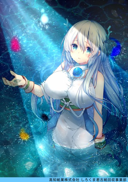 Anime picture 600x848 with original azu torako single long hair tall image looking at viewer fringe breasts blue eyes light erotic hair between eyes large breasts standing bare shoulders blue hair white hair arm up horn (horns) sparkle wet