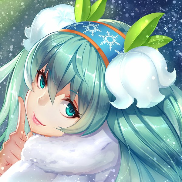 Anime picture 1000x1000 with vocaloid hatsune miku yuki miku yuki miku (2015) hews raijuu (bakanara) jurrig single long hair looking at viewer fringe hair between eyes twintails green eyes green hair light smile portrait snowing close-up snowflake print